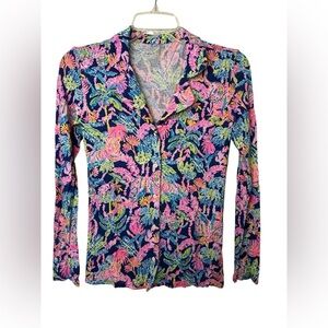 LILLY PULITZER Oyster Bay Navy PJ Knit Button Up Long Sleeve Top (Size XXS)